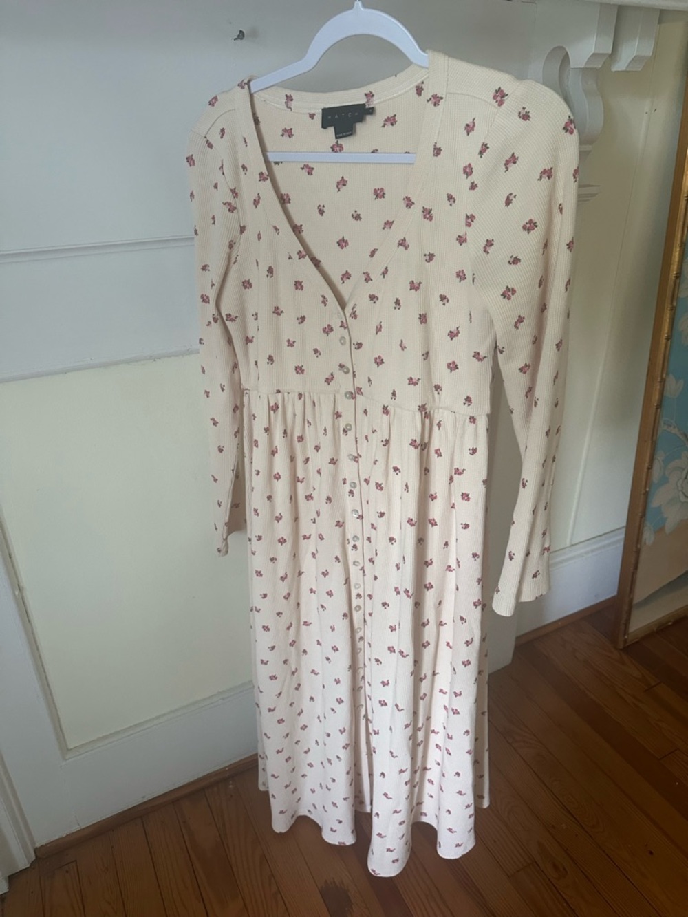 Hatch Maternity/Nursing Cream waffle weave dress with Pink Rose Bud Print 2
